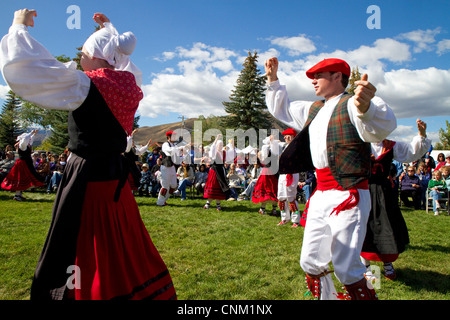 The Oinkari Basque Dancers perform at the Trailing of the Sheep Festival in Hailey, Idaho, USA. Stock Photo