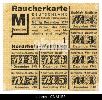 smoker's ration card ,1948 for North Rhine-Westphalia, American and British occupied zone, Germany, Europe, Stock Photo