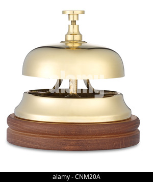 a brass hotel bell low angle on white with clipping path Stock Photo
