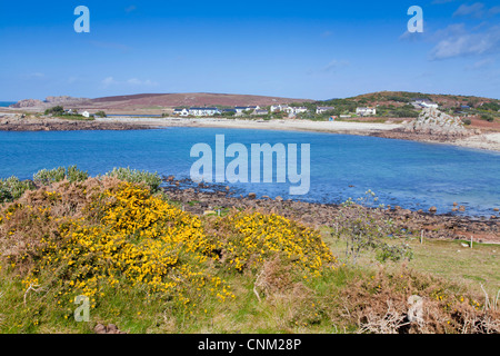 Bryher; Isles of Scilly; looking to Rushy Bay and Hell Bay Hotel; Stock Photo