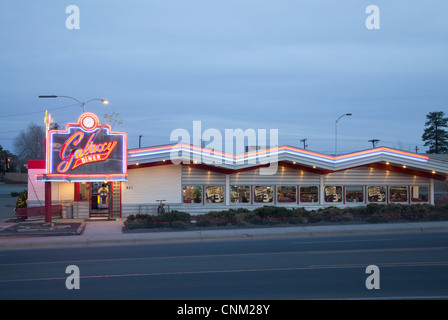 Neon-lit Galaxy Diner on Route 66, Flagstaff, Arizona. Stock Photo