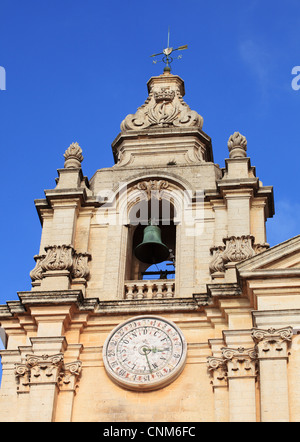 Bell tower and clock on St Paul's cathedral Mdina, Malta, Europe Stock Photo