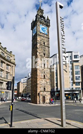 The Tolbooth Steeple at the southern entrance to High Street at Glasgow Cross in Glasgow Scotland with Merchant City sign. Stock Photo