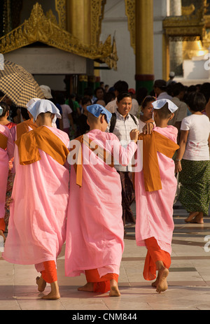 Burmese buddhist nuns in pink robes at Shwedagon Pagoda, Rangoon, Burma Stock Photo