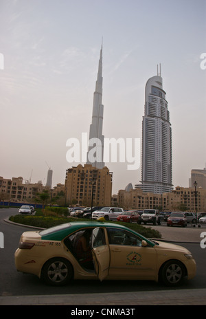 Burj Khalifa,  Dubai, and Downtown Address tower, at sunset, seen from in front of Burj Views, United Arab Emirates Stock Photo