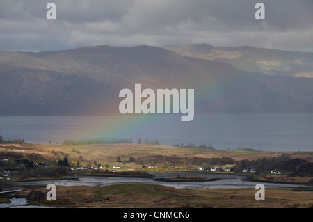 rainbow over Loch Don, Mull from Carn Ban, Scotland Stock Photo