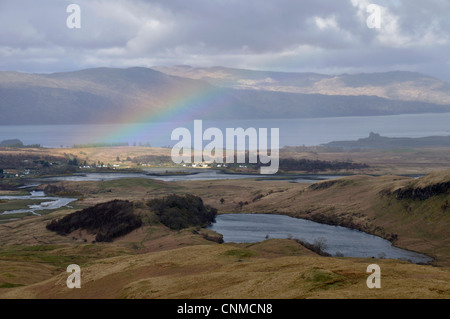 rainbow over Loch Don, Mull from Carn Ban, Scotland Stock Photo