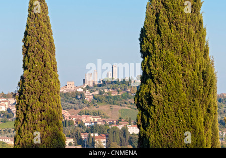 Medieval Hill Town of San Gimignano with Typical Cypress Trees, Tuscany (Toscana), Italy Stock Photo