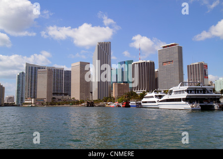 Miami Florida,Biscayne Bay,downtown skyline,office,condominium residential apartment apartments building buildings housing,city skyline,hotels,boats,w Stock Photo
