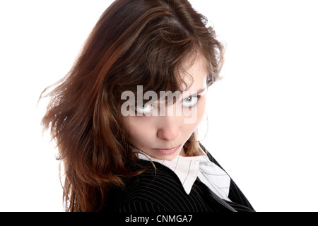 The frowned girl in business suit on a white background Stock Photo