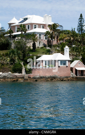 Typical scene taken from the water looking towards a small Islands in  Hamilton Harbour, Bermuda. Stock Photo