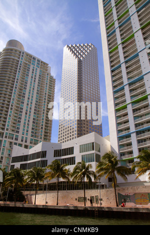 Miami Florida,Miami River,Riverwalk,high rise,condominium buildings,city skyline,One Miami,Met 1,Southeast Financial Center,centre,office building,dow Stock Photo