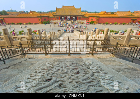A view of the intricate floor carvings at the rear of The Palace of Heavenly Purity looking towards the Gate of Heavenly Purity. Stock Photo