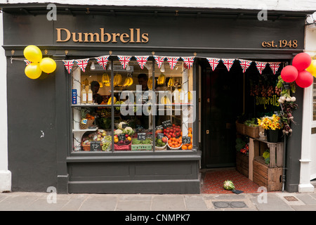 Old fashioned Greengrocers shop with UK flags and balloons in a street in Canterbury, Kent, UK Stock Photo
