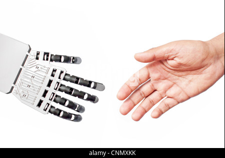 Robot and man handshake Stock Photo