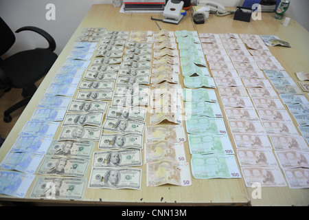 Counterfeit money displayed in police station in Bosnian capital Sarajevo. Stock Photo