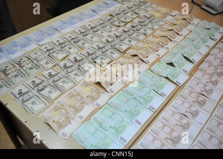 Counterfeit money displayed in police station in Bosnian capital Sarajevo. Stock Photo