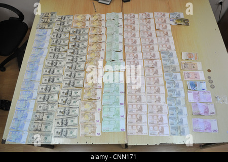 Counterfeit money displayed in police station in Bosnian capital Sarajevo. Stock Photo