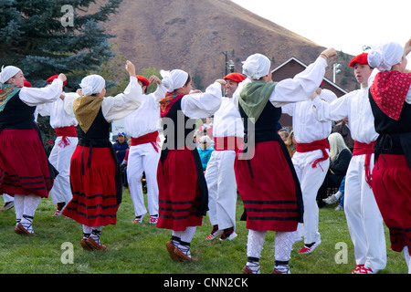 The Oinkari Basque Dancers perform at the Trailing of the Sheep Festival in Hailey, Idaho, USA. Stock Photo