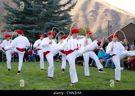 The Oinkari Basque Dancers perform at the Trailing of the Sheep Festival in Hailey, Idaho, USA. Stock Photo