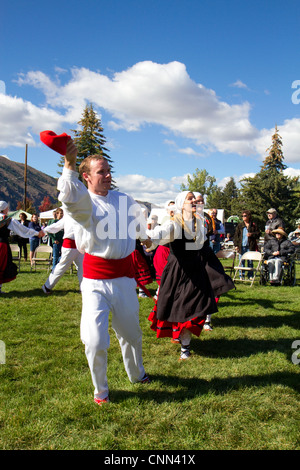 The Oinkari Basque Dancers perform at the Trailing of the Sheep Festival in Hailey, Idaho, USA. Stock Photo