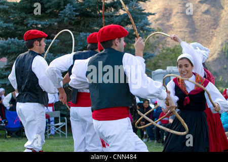 The Oinkari Basque Dancers perform at the Trailing of the Sheep Festival in Hailey, Idaho, USA. Stock Photo