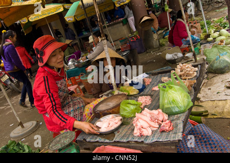 Horizontal portrait two women at a stall selling bits of meat in a typical wet market in a rural village in Vietnam. Stock Photo