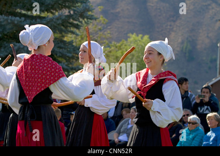 The Oinkari Basque Dancers perform at the Trailing of the Sheep Festival in Hailey, Idaho, USA. Stock Photo