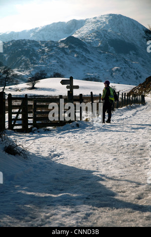 Hill walker checking directions on walking post in Little Langdale, Lake District, Cumbria, England, UK Stock Photo