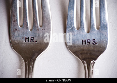 Close-up of Mr. and Mrs. Forks at Wedding, Muskoka, Ontario, Canada Stock Photo