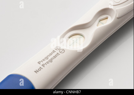 A white pregnancy test stick with a blue cap showing a positive result. Stock Photo