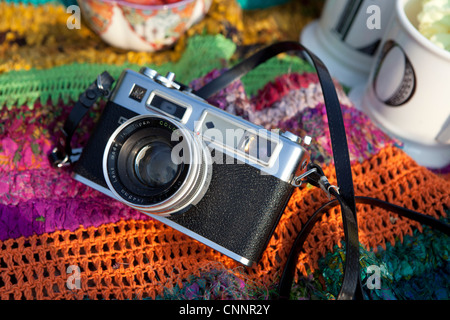 Camera on Picnic Blanket Stock Photo