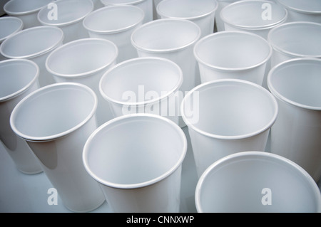 large group of white disposable plastic cups Stock Photo