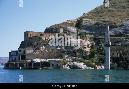 Savasan village house on the Euphrates river, flooded by the Birecik Dam, south east Turkey Stock Photo