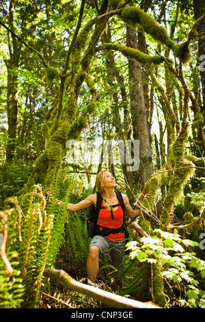 A woman with a backpack looking up at moss covered branches in a forest, Little Si trail, Washington, USA. Stock Photo