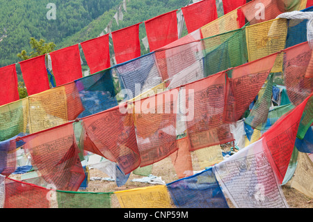 Asia, Bhutan, Thimphu. Colorful prayer flags Stock Photo