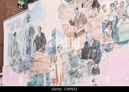 Mural depicting Chinese immigration, Chinatown, Vancouver, British Columbia, Canada Stock Photo