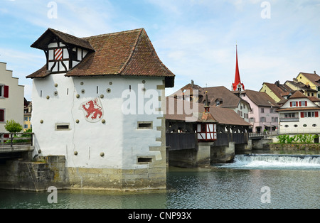 The historic town of Bremgarten, Switzerland at Summer. With the river Reuss and traditional buildings. Stock Photo