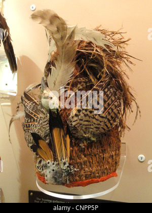 Hat, Thompson River, cedar bark with birds and feathers, date unknown - Native American collection - Peabody Museum, Harvard University Stock Photo