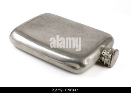 Aged silver hip flask over white Stock Photo