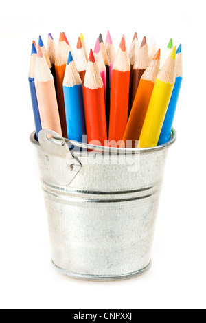 Silver pot of crayons over white Stock Photo