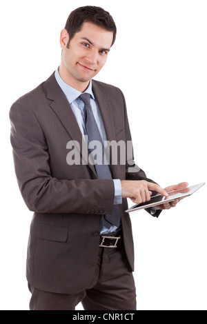 Young cuacasian businessman using a tablet pc,isolated on white background Stock Photo