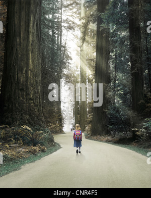 Young girl walking through an enchanted forest Stock Photo