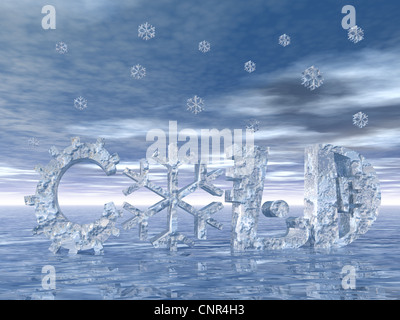 Cold letters with snow symbol instead of O letter and snow falling Stock Photo