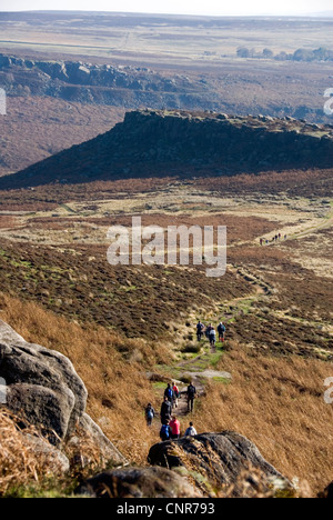 Walkers on the Path to Carl Wark, an Iron or Dark Age Escarpment Hill Fort, View from Higger Tor, Peak District, UK Stock Photo