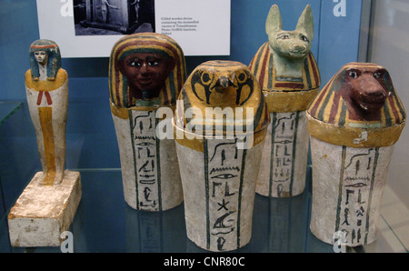 Polychormed canopic jars. Used by the egyptians during the mummification to preserve the viscera. Stock Photo