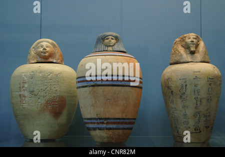 Egypt. Polychormed canopic jars. Used by the egyptians during the mummification to preserve the viscera. Stock Photo