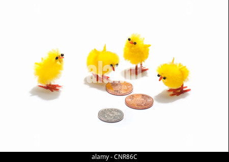 Four Easter chick decorations looking at sterling coins Stock Photo