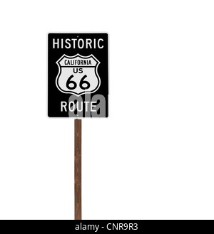 Tall isolated historic route 66 sign on a wood post. Stock Photo