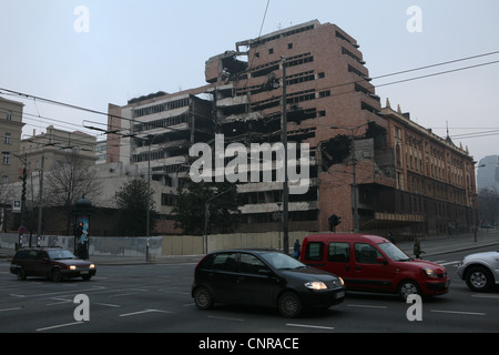 Building of the Federal Defense Ministry of Yugoslavia destroyed by the NATO's aviation in 1999 in Belgrade, Serbia. Stock Photo